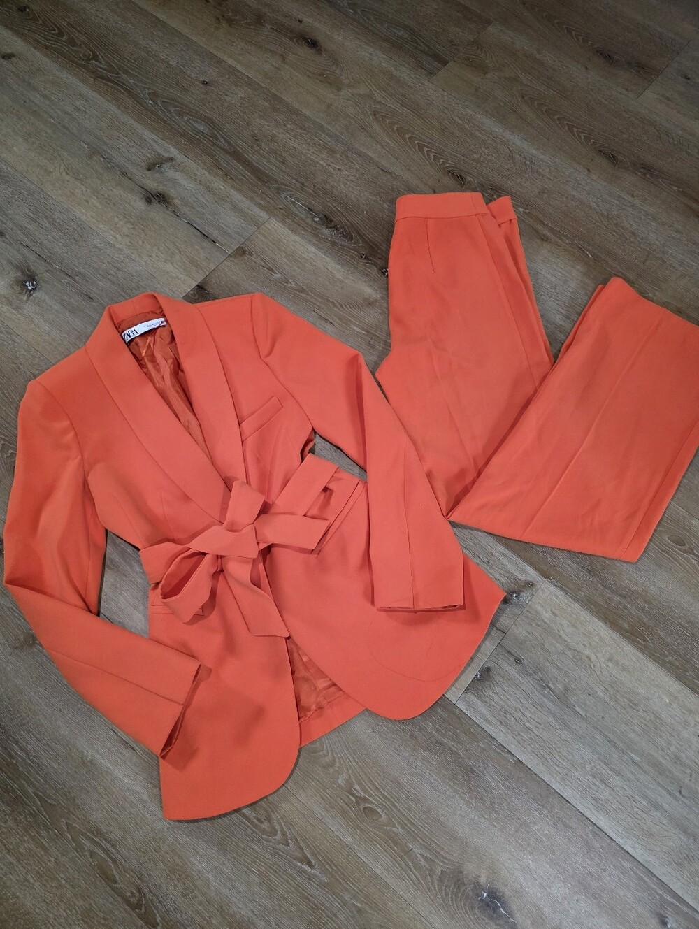 Zara Orange Women's Blazer and High-Waist Trousers with Waist Tie